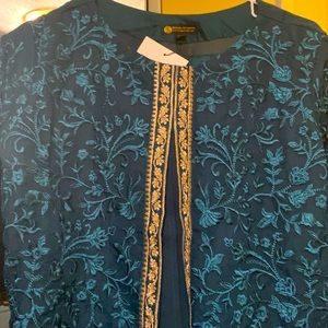 Azure teal blue organza shalwar kameez with gold embroidered work